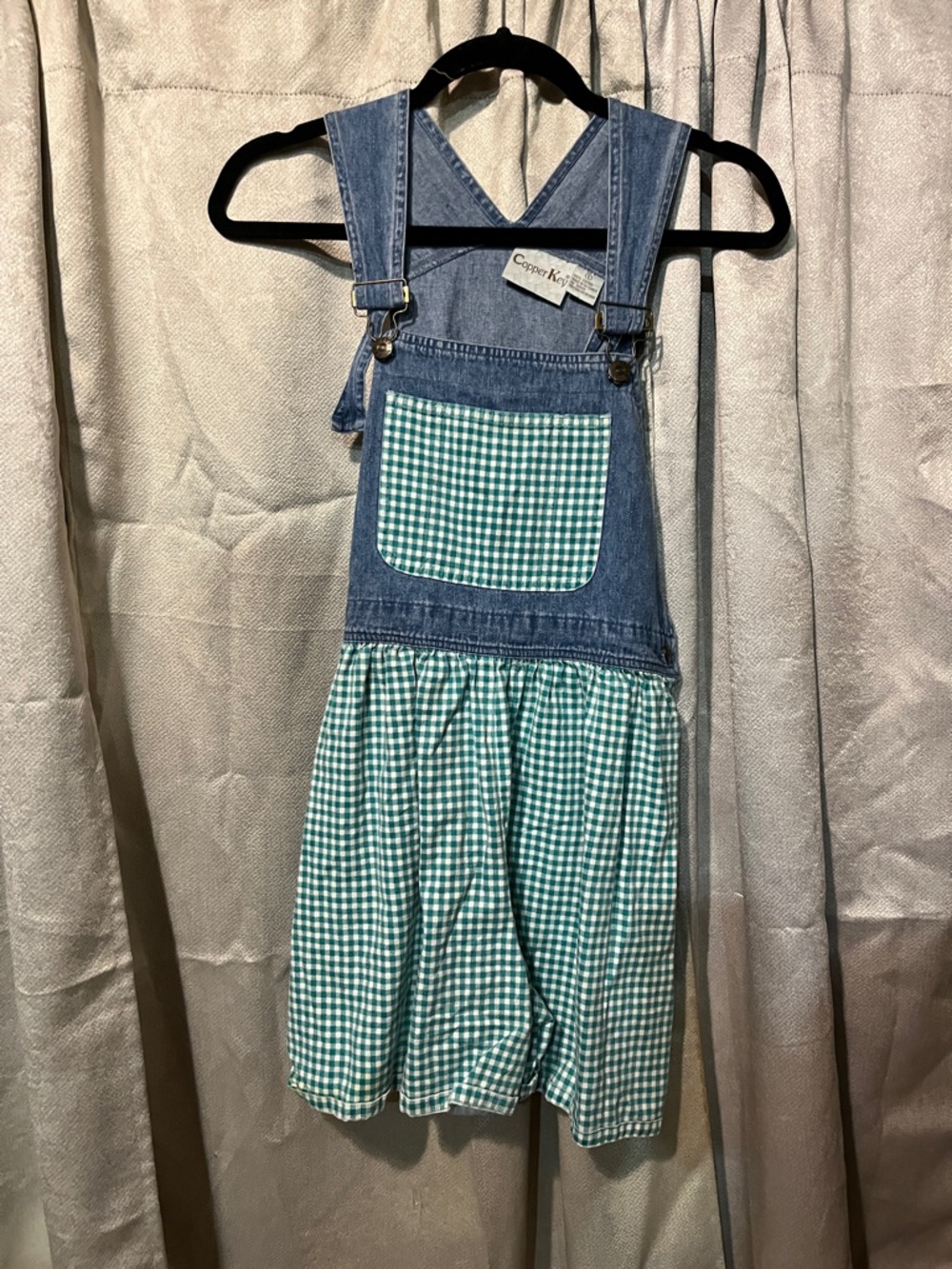 Size small girls Copper Key Blue Denim Overall Dress with Green Gingham Skirt